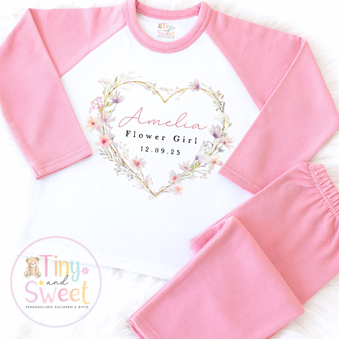Flower Girl Personalised Pyjamas, Flower Girl Gift, White and pink Flower girl pjs, Personalised flower girl pjs, Kids Wedding Pyjamas