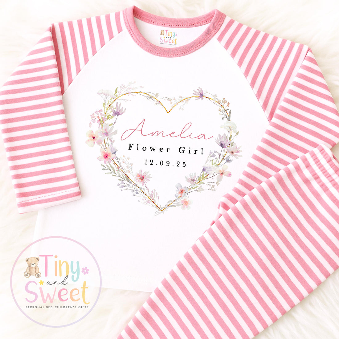 Flower Girl Personalised Pyjamas, Flower Girl Gift, White and pink Flower girl pjs, Personalised flower girl pjs, Kids Wedding Pyjamas
