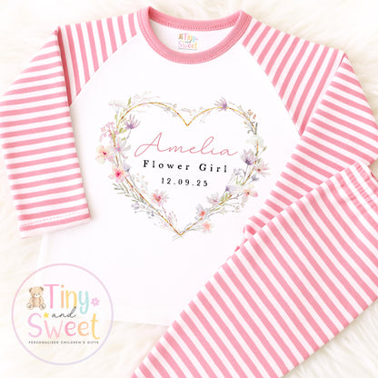 Flower Girl Personalised Pyjamas, Flower Girl Gift, White and pink Flower girl pjs, Personalised flower girl pjs, Kids Wedding Pyjamas