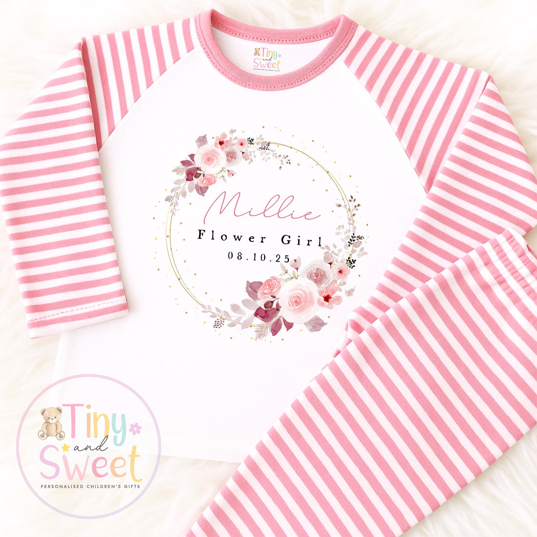 Flower Girl Personalised Pyjamas, Flower Girl Gift, White and pink Flower girl pjs, Personalised flower girl pjs, Kids Wedding Pyjamas