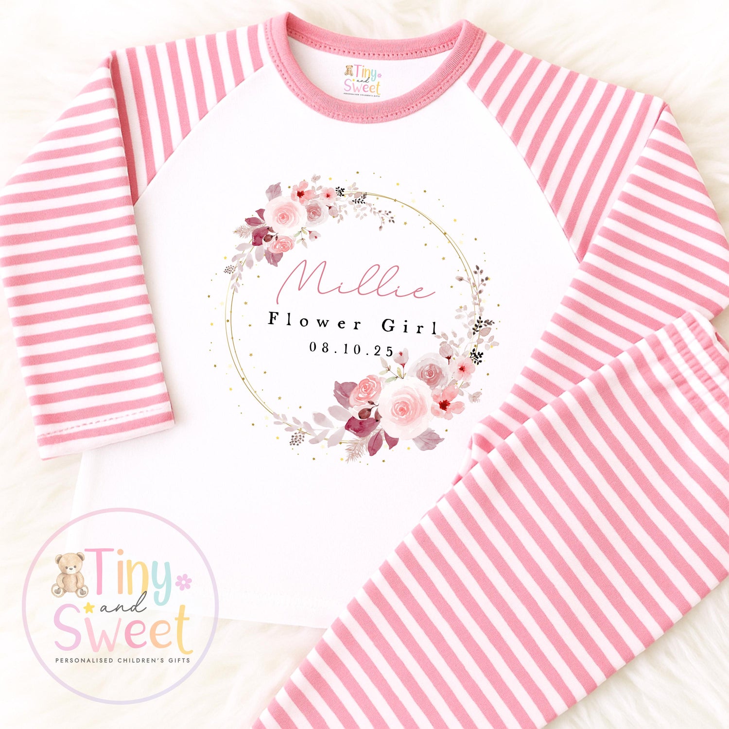 Flower Girl Personalised Pyjamas, Flower Girl Gift, White and pink Flower girl pjs, Personalised flower girl pjs, Kids Wedding Pyjamas