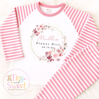 Flower Girl Personalised Pyjamas, Flower Girl Gift, White and pink Flower girl pjs, Personalised flower girl pjs, Kids Wedding Pyjamas