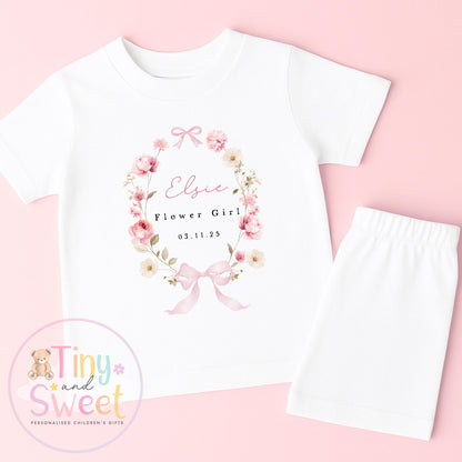 Flower Girl Personalised Pyjamas, Flower Girl Gift, White and pink Flower girl pjs, Personalised flower girl pjs, Kids Wedding Pyjamas