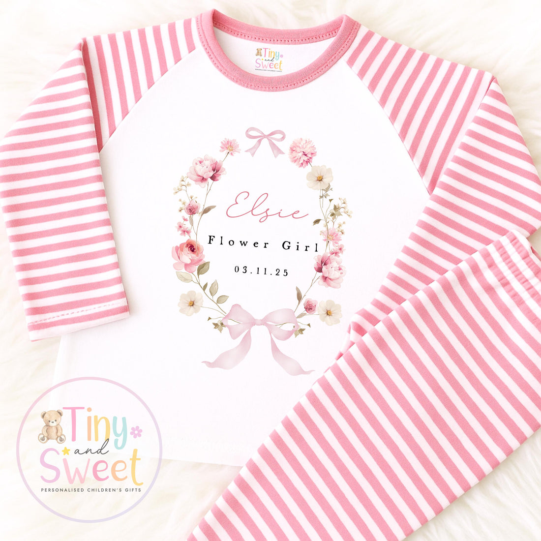 Flower Girl Personalised Pyjamas, Flower Girl Gift, White and pink Flower girl pjs, Personalised flower girl pjs, Kids Wedding Pyjamas