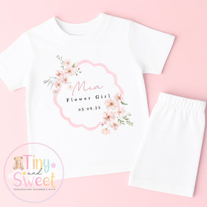 Flower Girl Personalised Pyjamas, Flower Girl Gift, White and pink Flower girl pjs, Personalised flower girl pjs, Kids Wedding Pyjamas