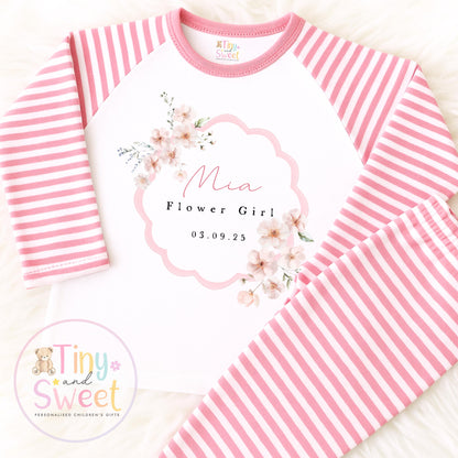 Flower Girl Personalised Pyjamas, Flower Girl Gift, White and pink Flower girl pjs, Personalised flower girl pjs, Kids Wedding Pyjamas