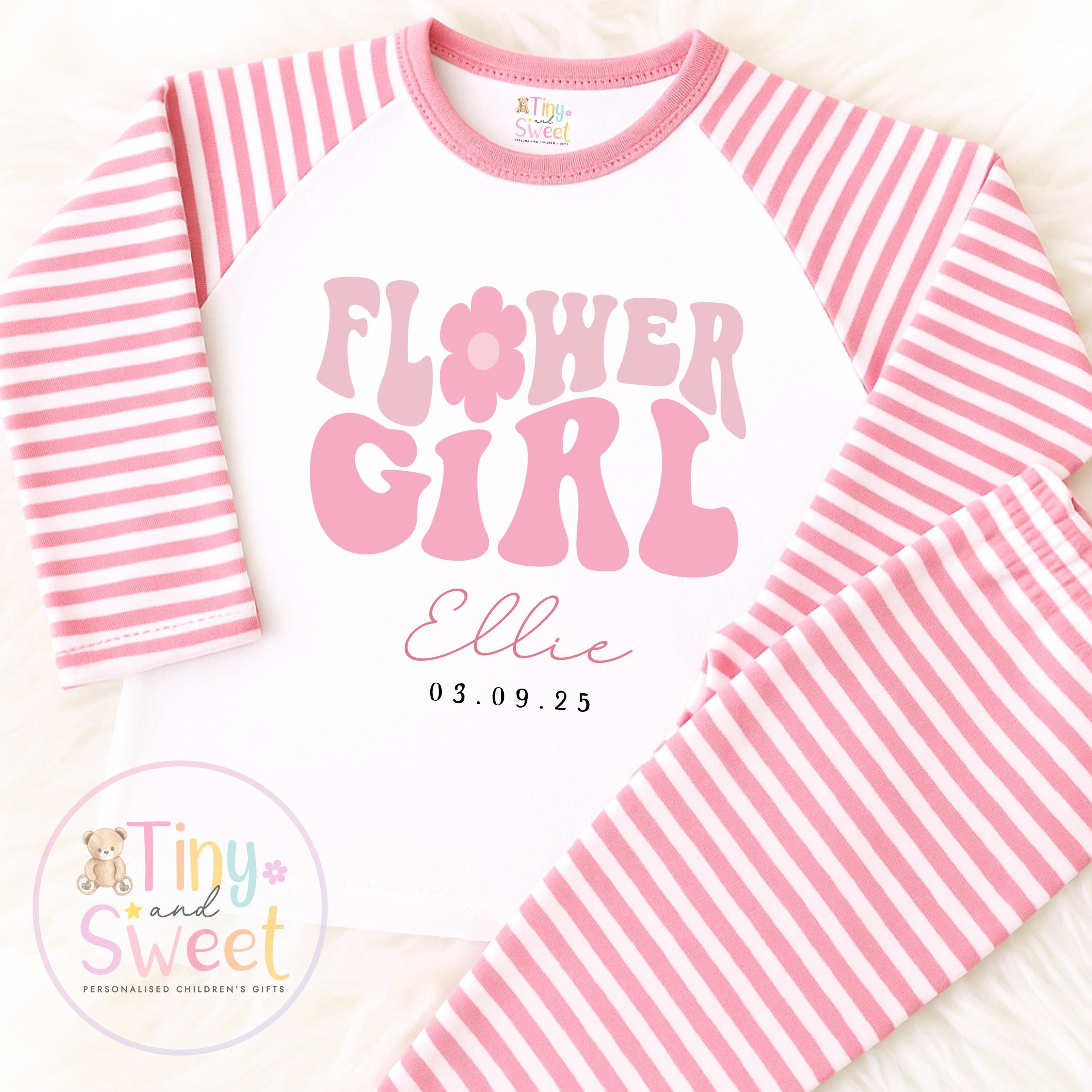 Flower Girl Retro Personalised Pyjamas, Flower Girl Gift, White and pink Flower girl pjs, Personalised flower girl pjs, Kids
