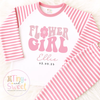 Flower Girl Retro Personalised Pyjamas, Flower Girl Gift, White and pink Flower girl pjs, Personalised flower girl pjs, Kids
