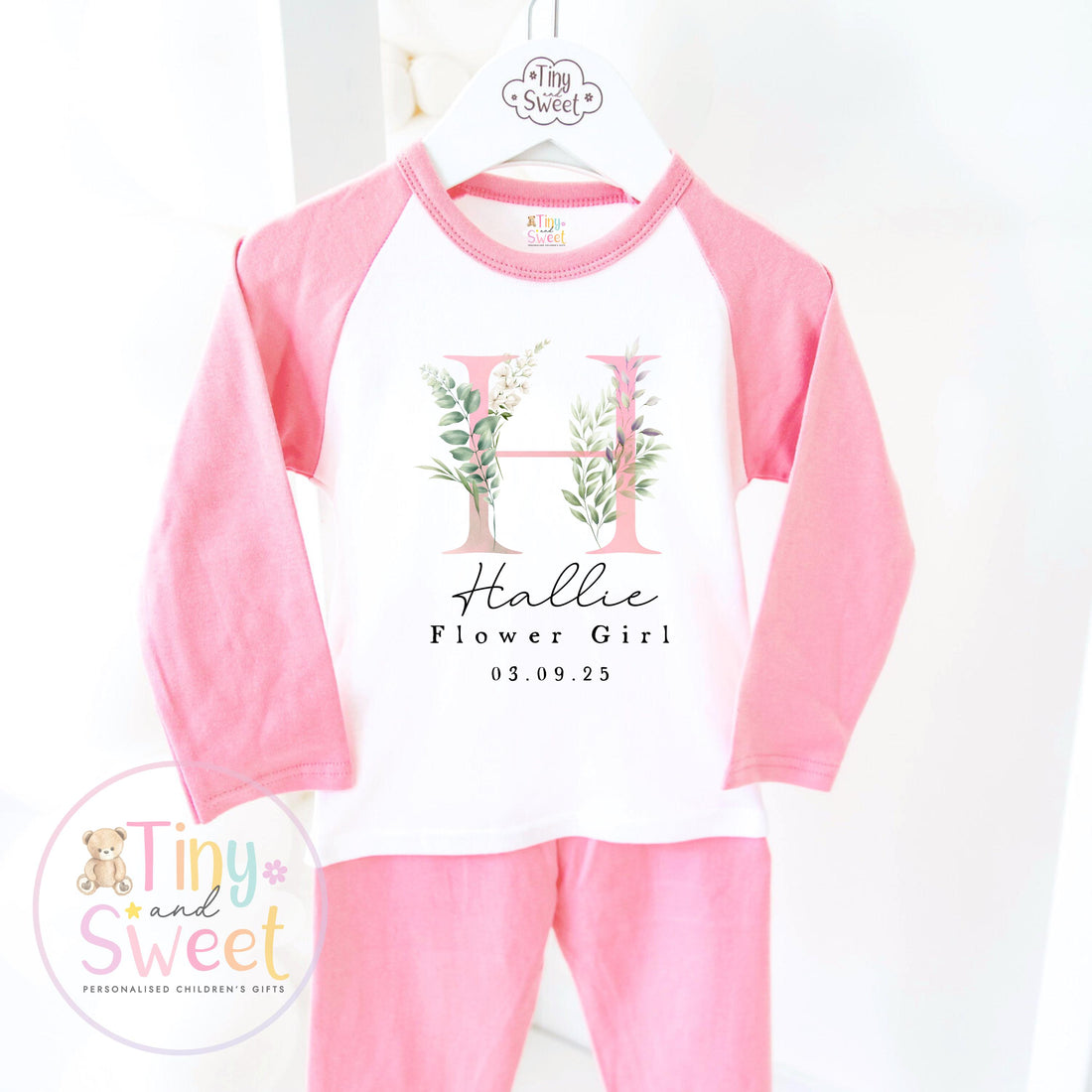 Flower Girl Personalised Initial Pyjamas, Flower Girl Gift, White and pink Flower girl pjs, Personalised flower girl pjs, Kids