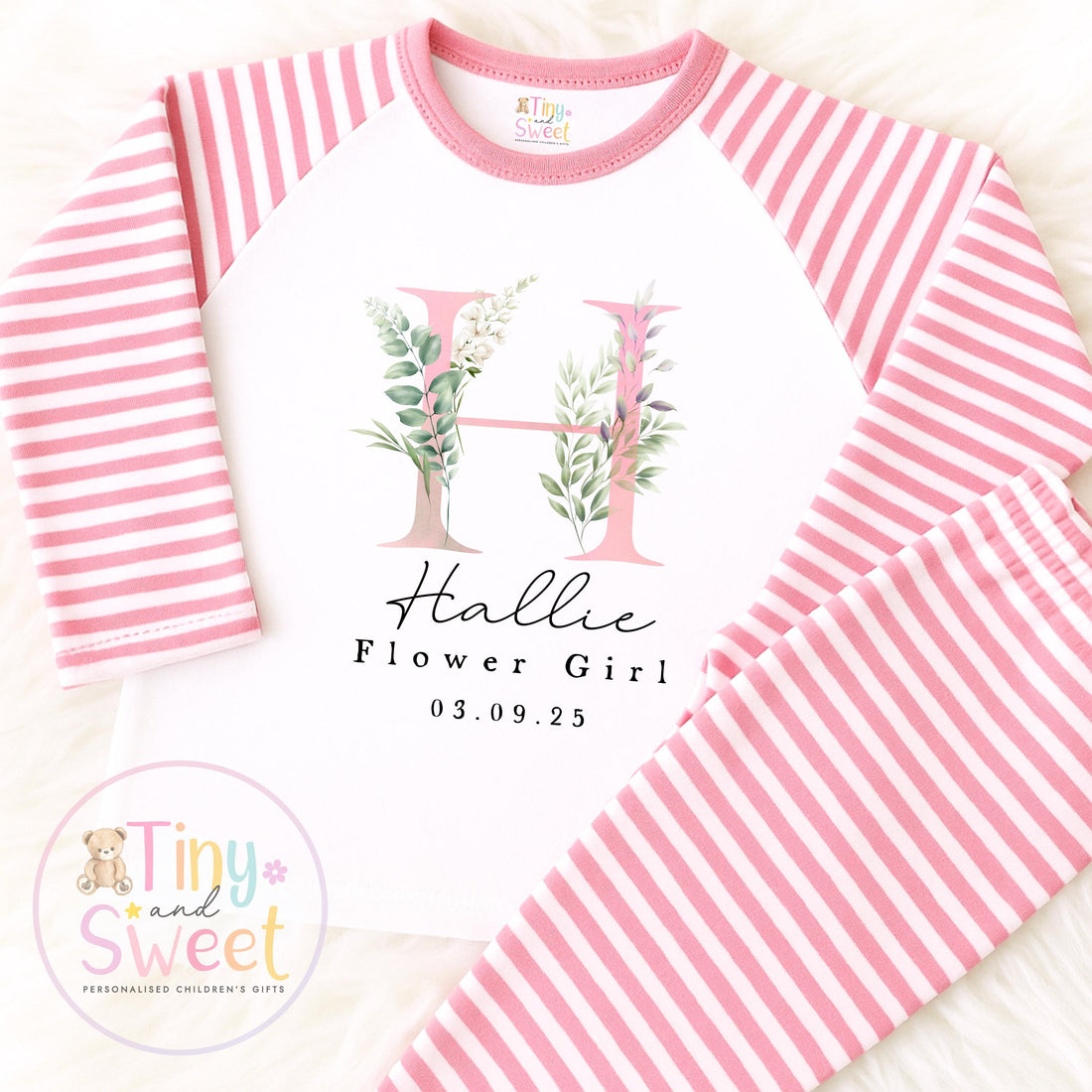 Flower Girl Personalised Initial Pyjamas, Flower Girl Gift, White and pink Flower girl pjs, Personalised flower girl pjs, Kids