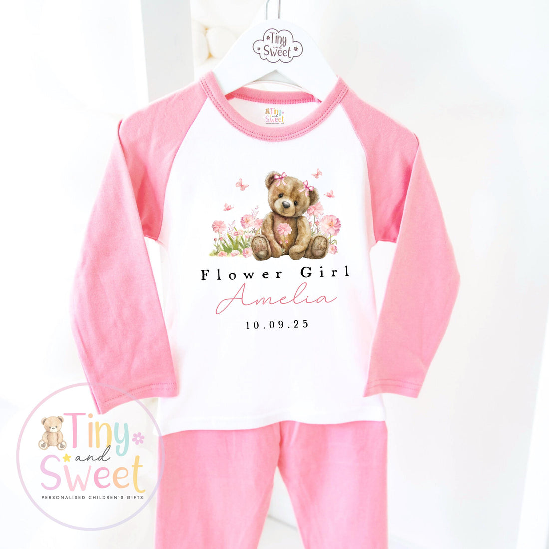 Flower Girl Personalised Pyjamas, Flower Girl Gift, White and pink Flower girl pjs, Personalised flower girl pjs, Kids Wedding Pyjamas