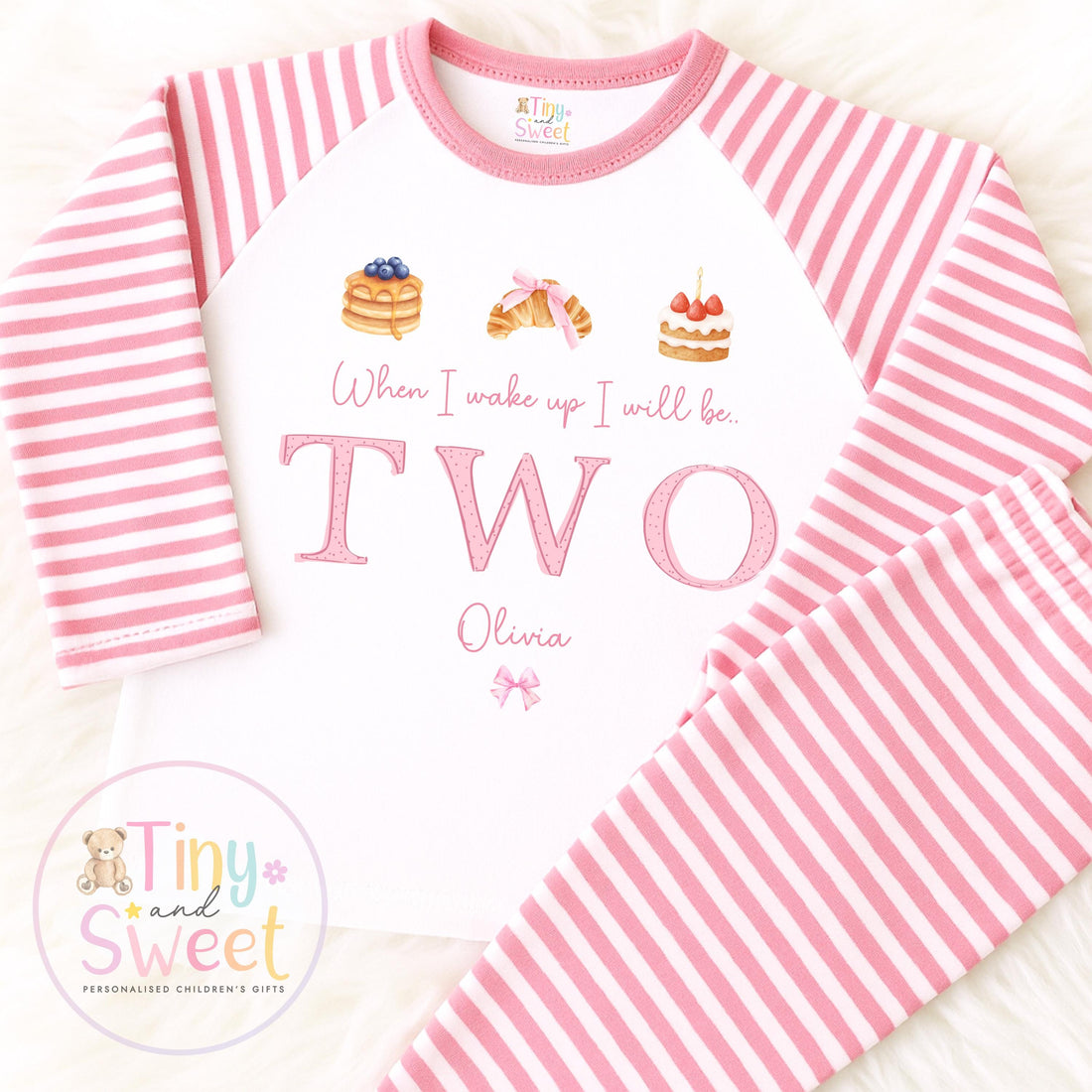 Pink Bakery Birthday PJs, Patisserie When I Wake Up I’ll Be..., Pink Pancakes Toddler Pyjamas, Girls Birthday Pyjamas, Pink Croissant Design