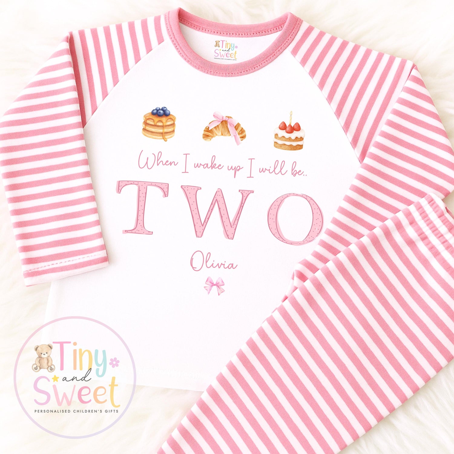 Pink Bakery Birthday PJs, Patisserie When I Wake Up I’ll Be..., Pink Pancakes Toddler Pyjamas, Girls Birthday Pyjamas, Pink Croissant Design