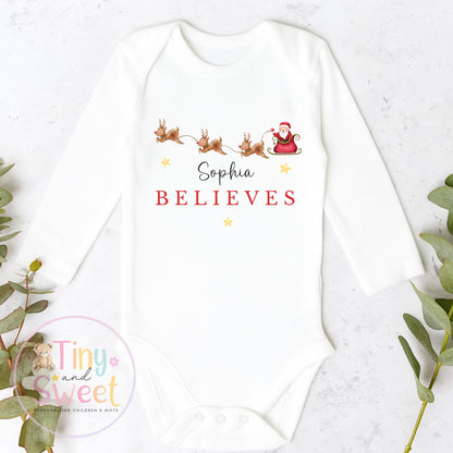 Christmas Believes Sleepsuit, Christmas Eve Pyjamas, Christmas Nightwear, Childrens Christmas Vest, First Christmas