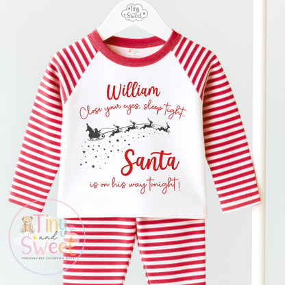 Personalised Christmas Pyjamas, Santa on his way, Christmas Eve Pyjamas, Christmas Nightwear, Childrens Christmas pjs,Xmas pjs
