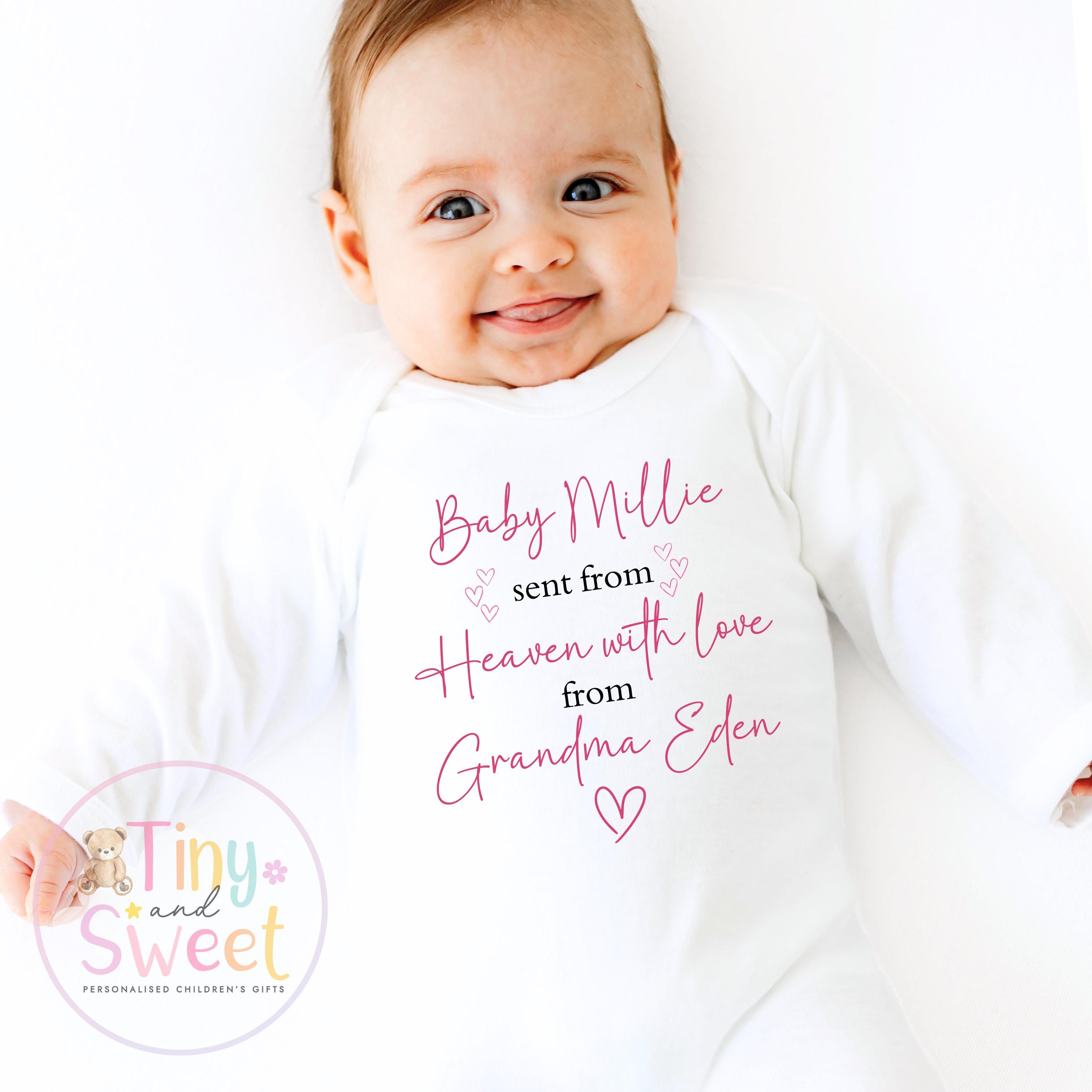 Personalised Sent From Heaven Baby Grow Vest, Sent with Love From Grandma, Sent from Grandad, Custom Baby Announcement, Gift from Heaven