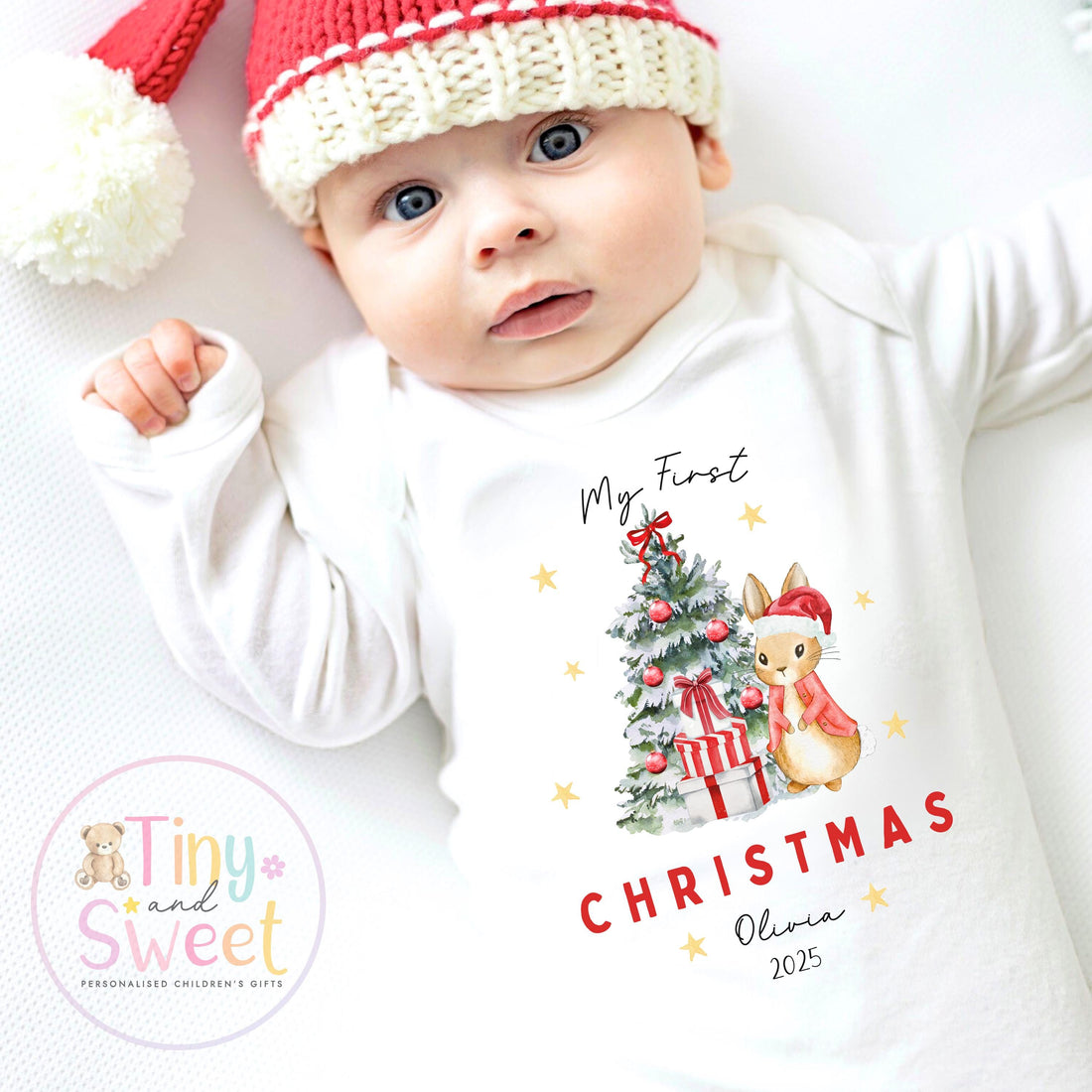 Personalised Babies First Christmas Bunny Sleepsuit, Babies 1st Xmas Gift Idea, Pyjamas, 1st Xmas Babygrow, Christmas Outfit for baby
