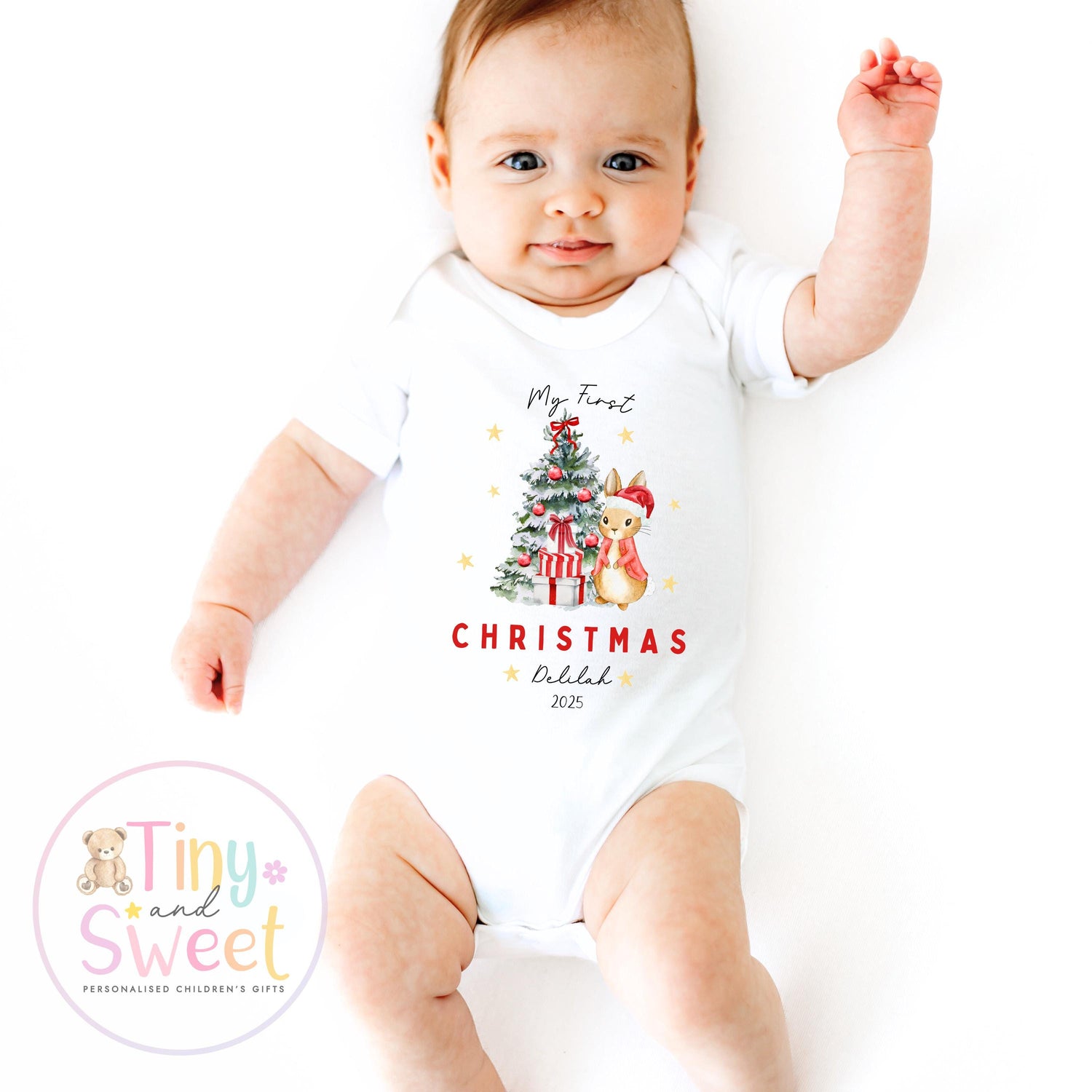 Personalised Babies First Christmas Bunny Sleepsuit, Babies 1st Xmas Gift Idea, Pyjamas, 1st Xmas Babygrow, Christmas Outfit for baby
