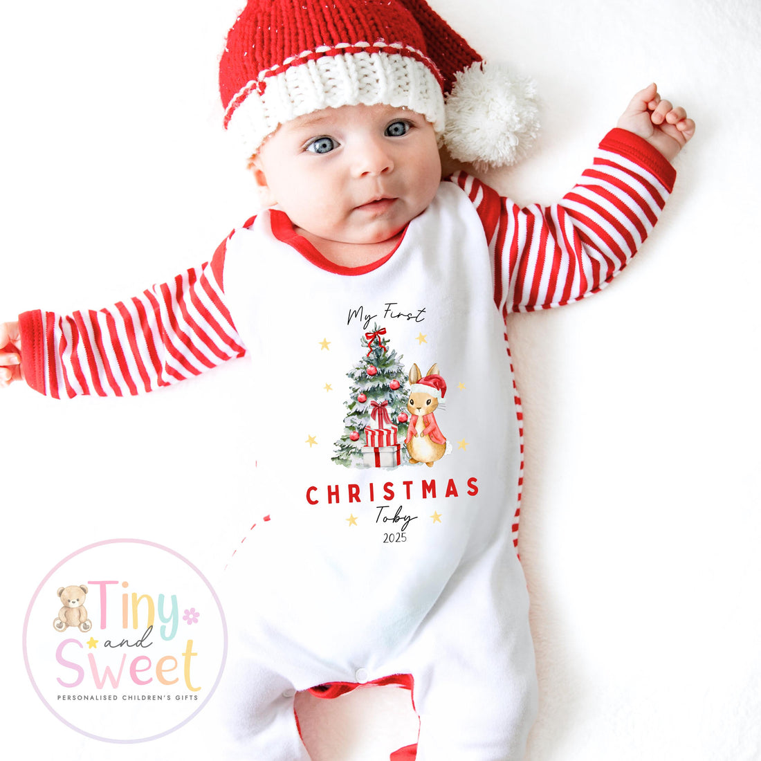 Personalised Babies First Christmas Bunny Sleepsuit, Babies 1st Xmas Gift Idea, Pyjamas, 1st Xmas Babygrow, Christmas Outfit for baby
