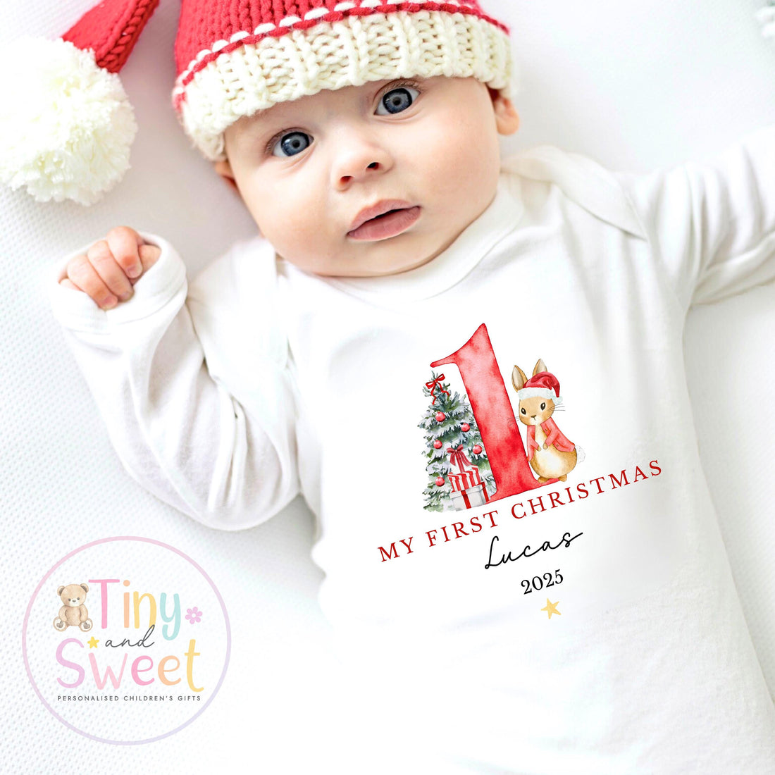 Personalised Babies First Christmas Bunny Sleepsuit, Babies 1st Xmas Gift Idea, Pyjamas, 1st Xmas Babygrow, Christmas Outfit for baby