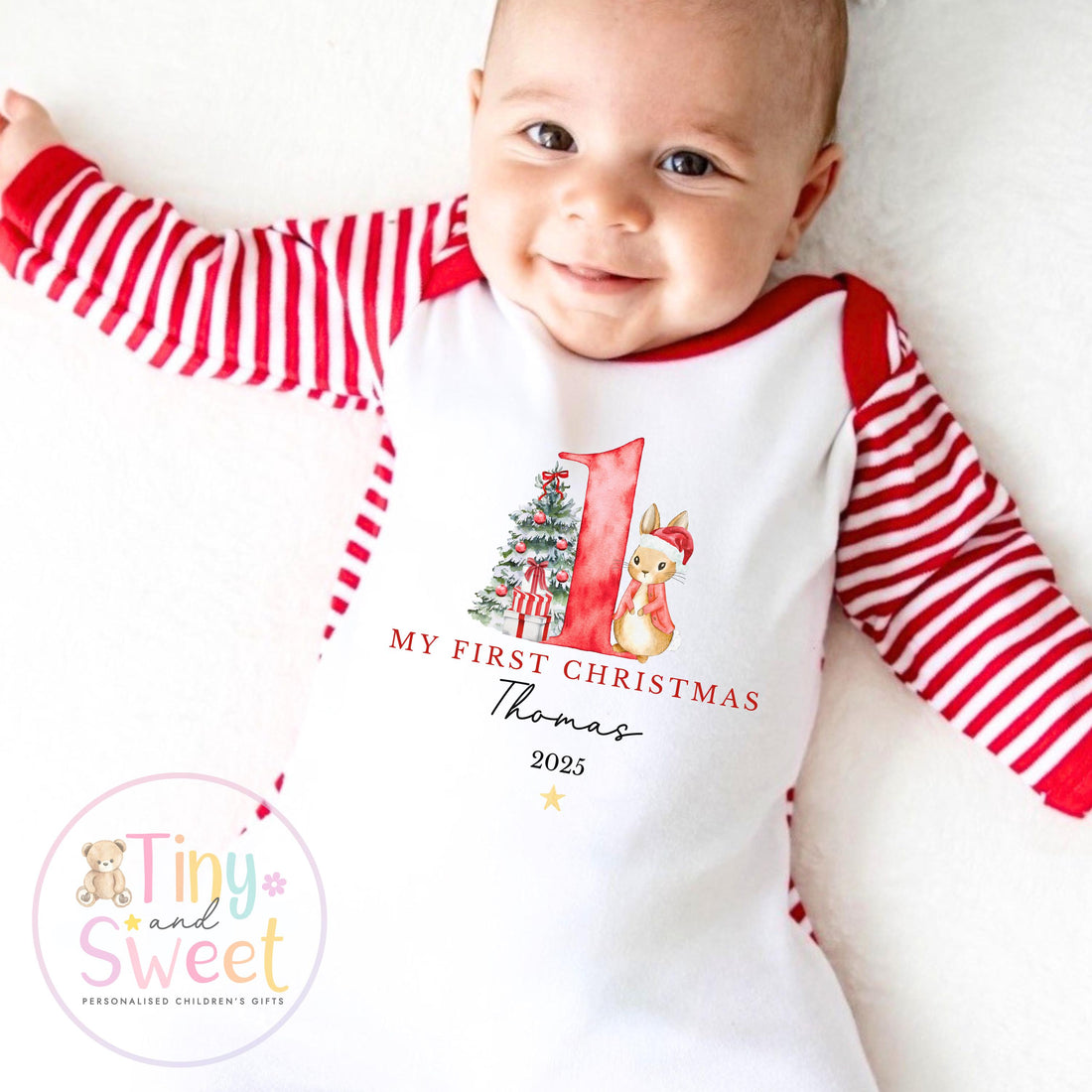 Personalised Babies First Christmas Bunny Sleepsuit, Babies 1st Xmas Gift Idea, Pyjamas, 1st Xmas Babygrow, Christmas Outfit for baby