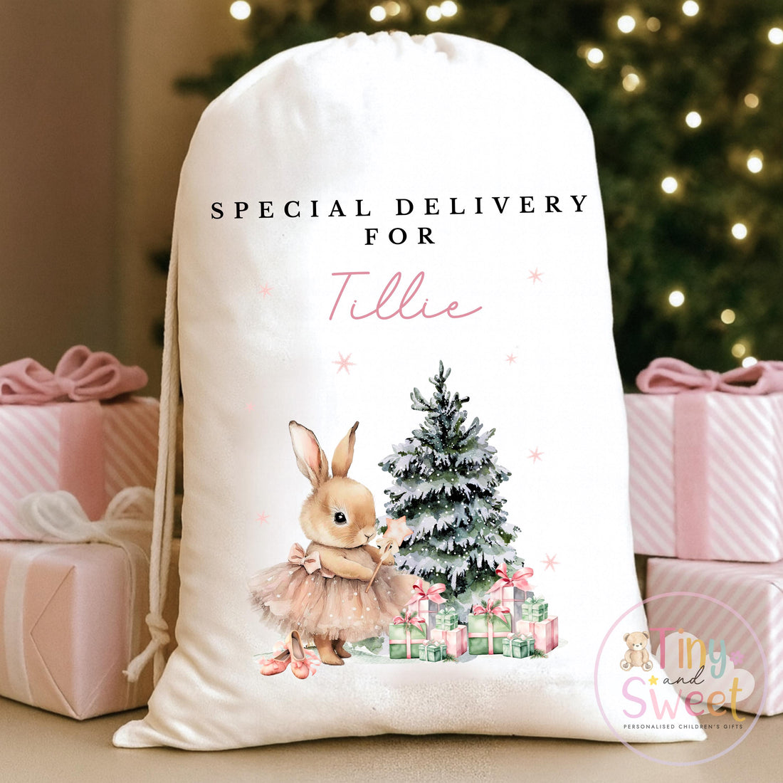 Pink Ballerina Bunny Personalised Christmas Sack