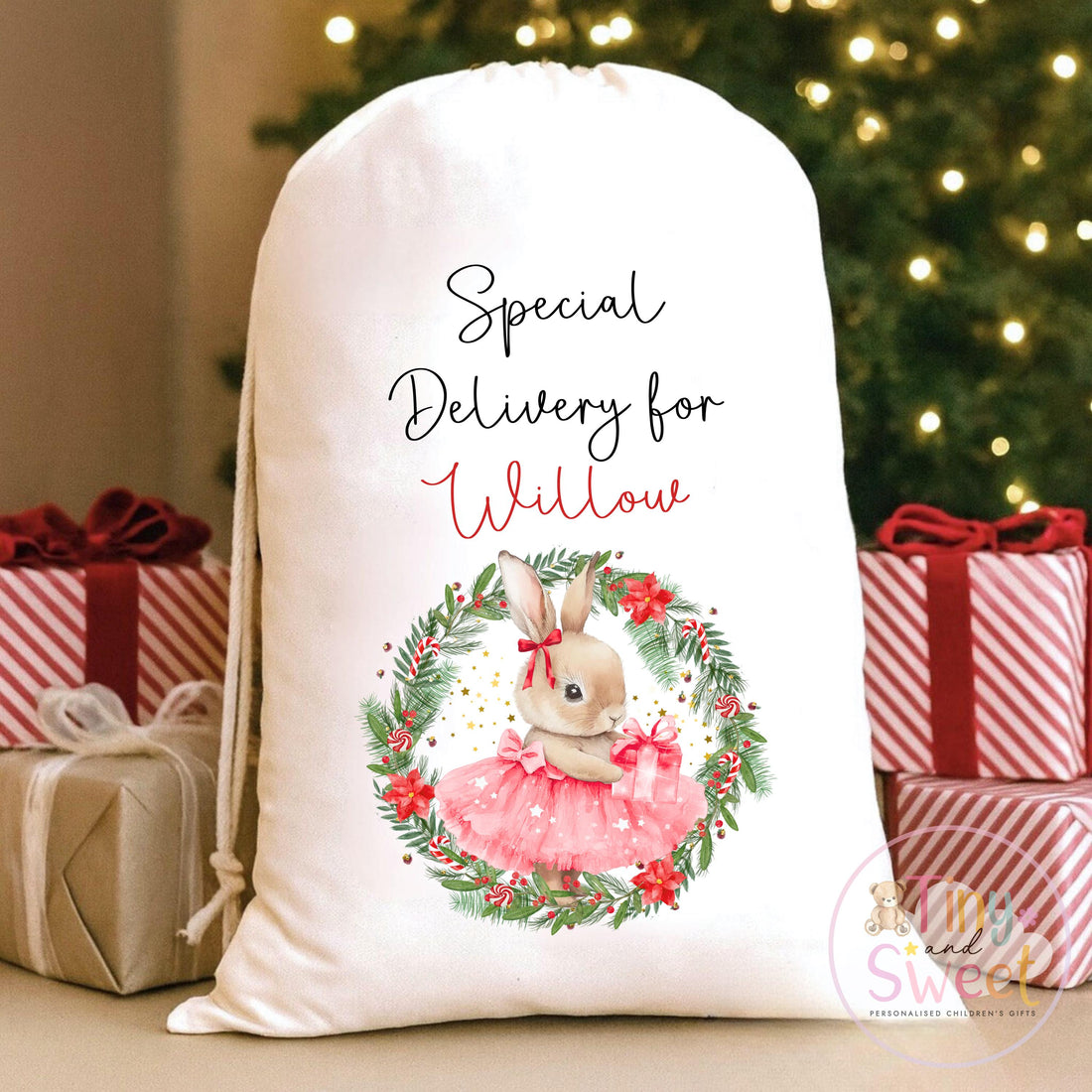 Pink Ballerina Bunny Wreath Personalised Christmas Sack