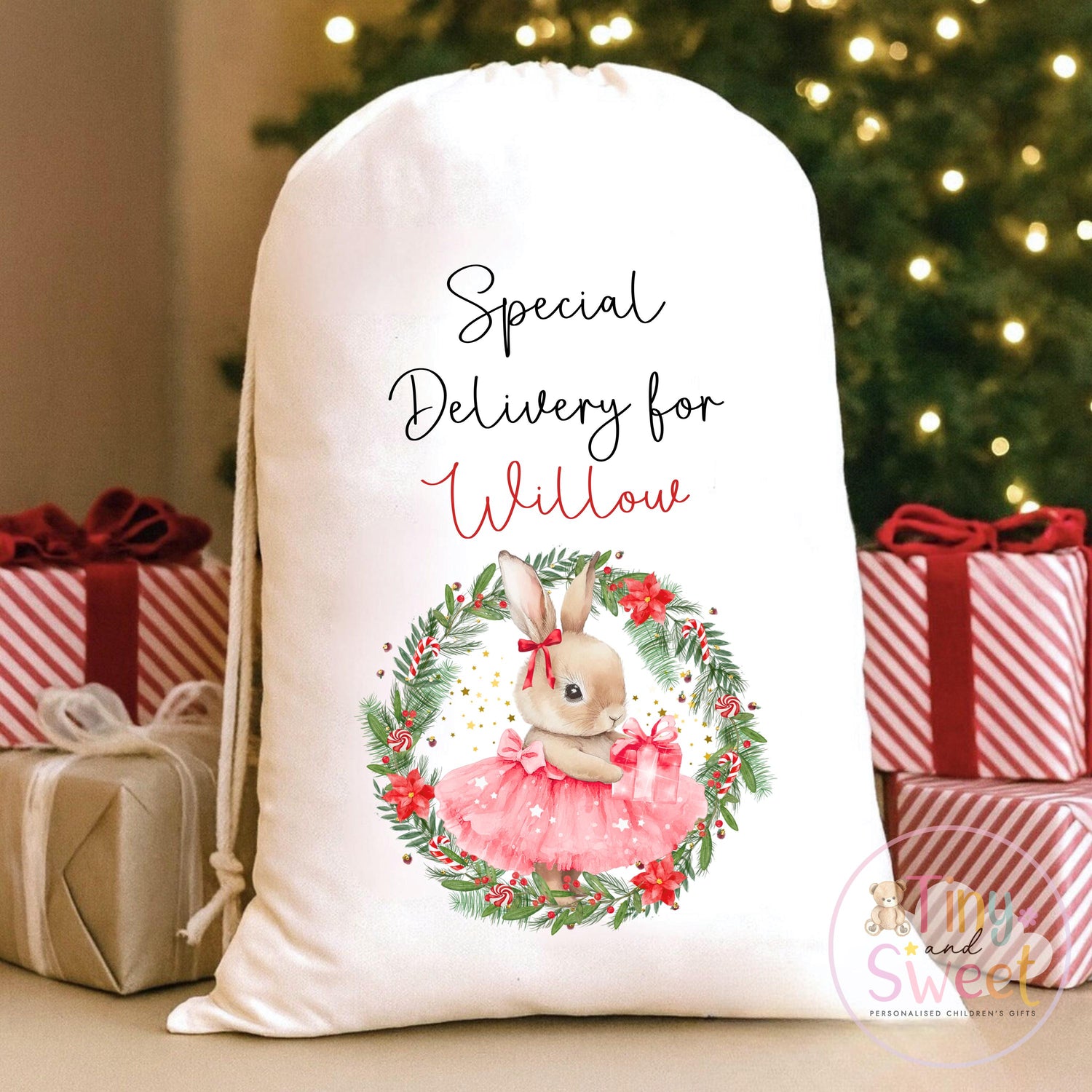 Pink Ballerina Bunny Wreath Personalised Christmas Sack