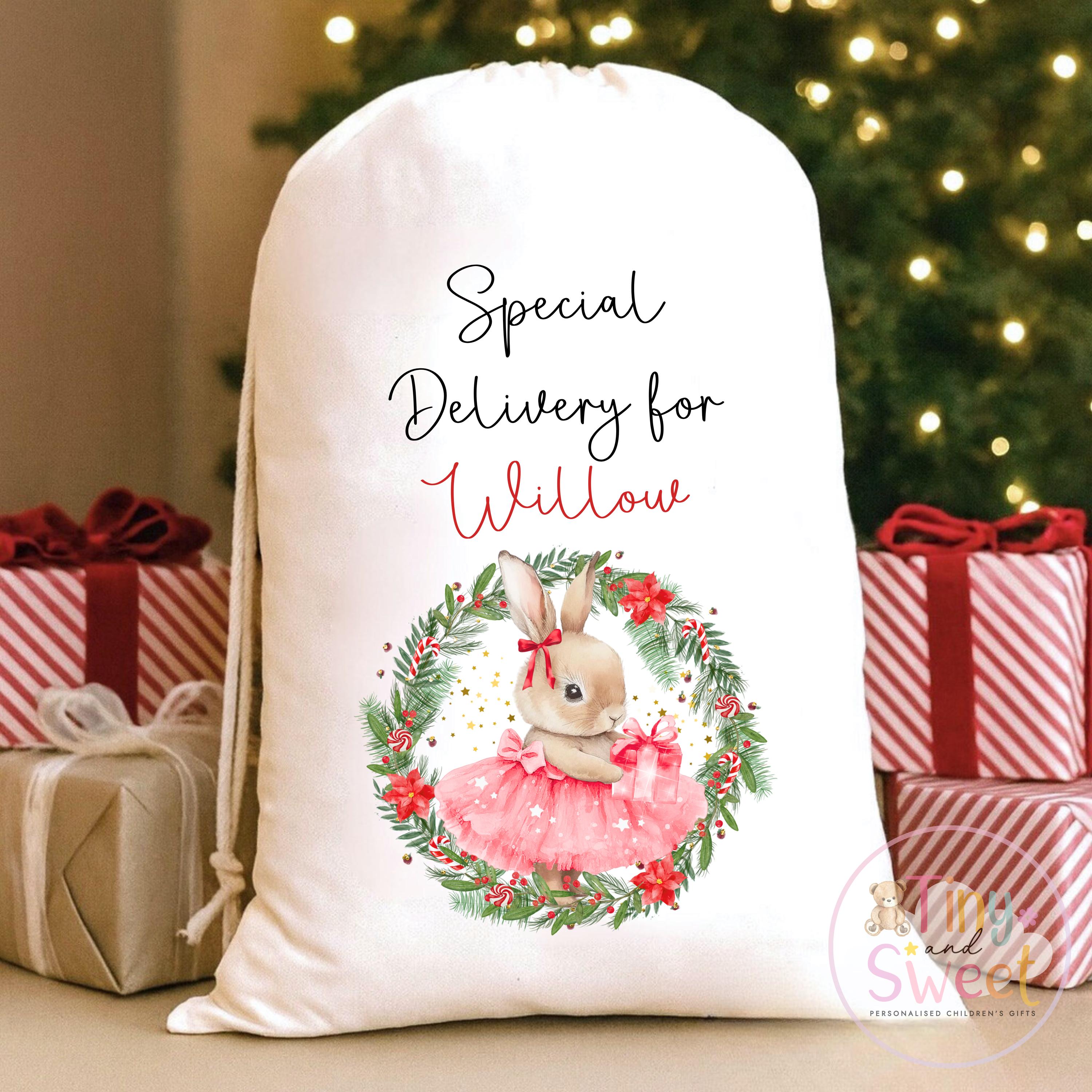 Pink Ballerina Bunny Wreath Personalised Christmas Sack