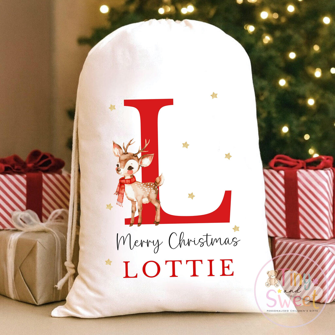 Red Reindeer Initial Personalised Christmas Sack