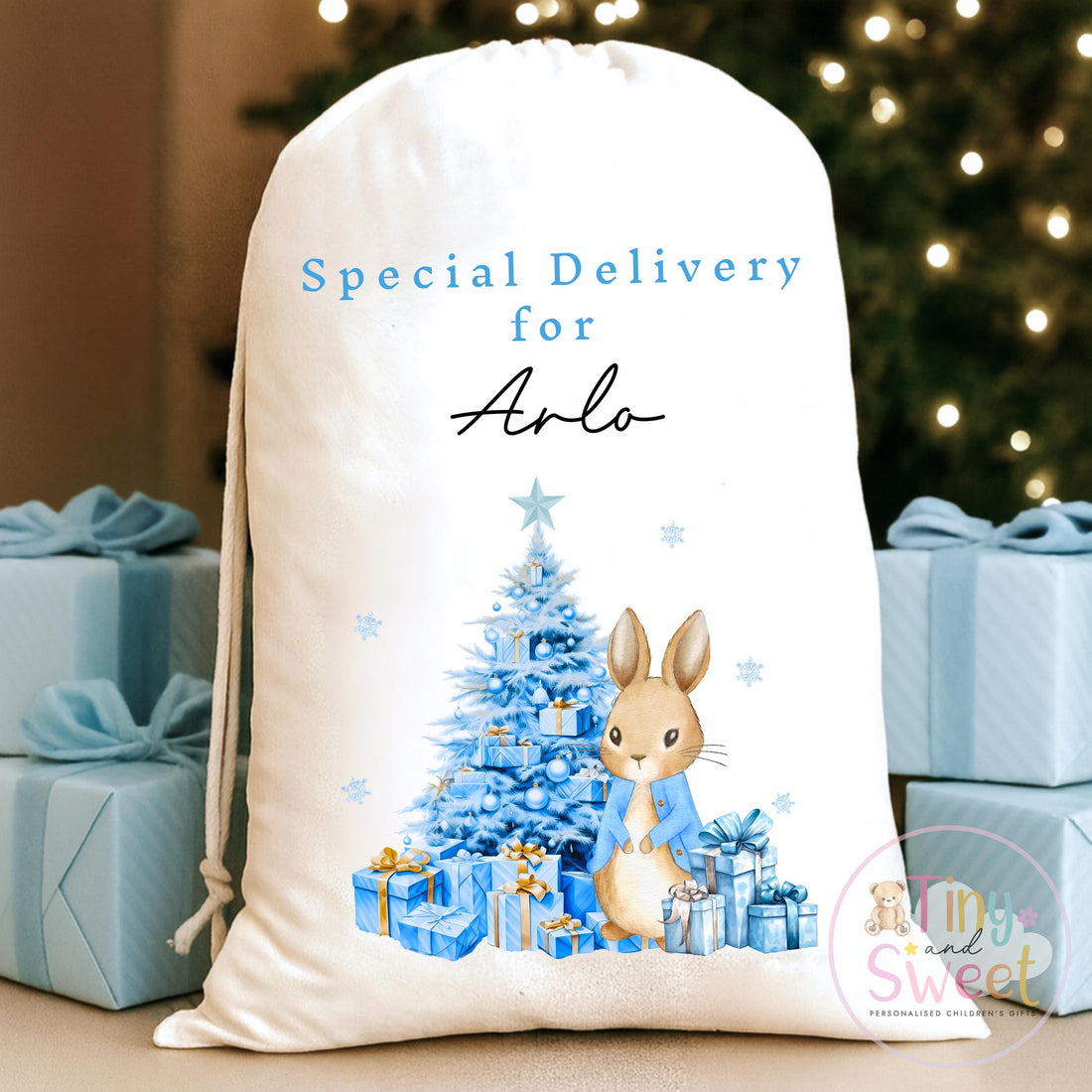 Blue Vest Bunny Personalised Christmas Sack