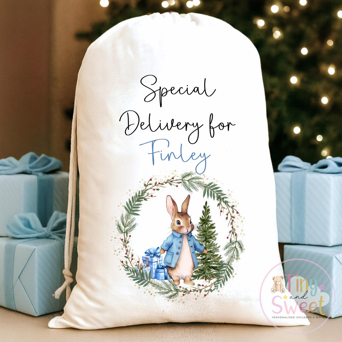 Blue Bunny Wreath Personalised Christmas Sack