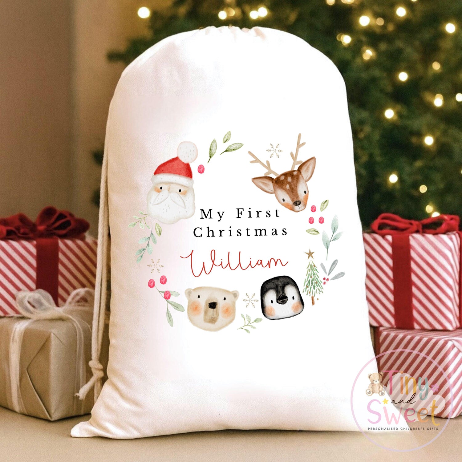 Special Delivery Wreath Personalised Christmas Sack