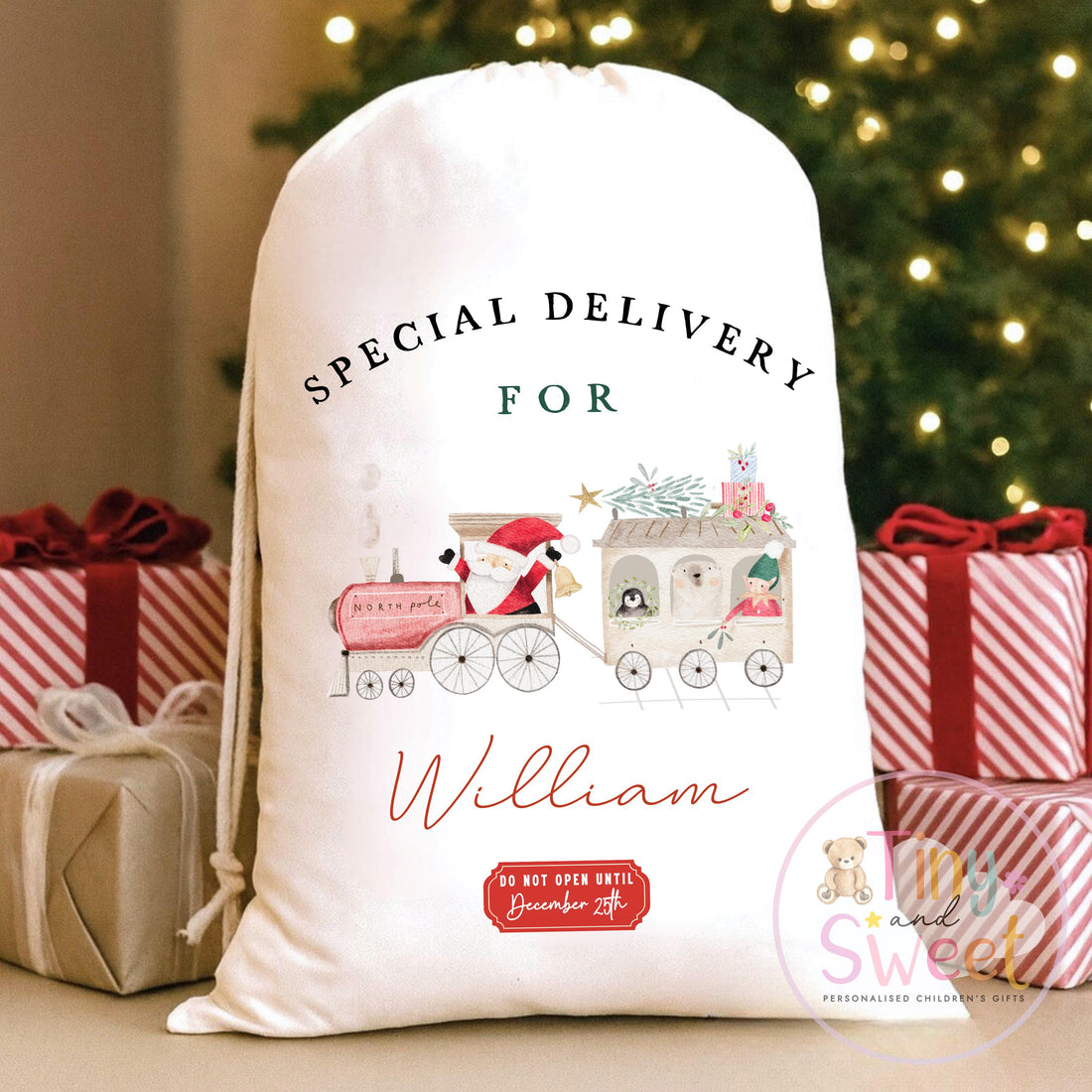 Personalised Christmas Sack, Personalised Christmas Bag, Santa sack, Train Christmas, Christmas Eve Bag, Custom Baby Gift, Baby Girl/Boy