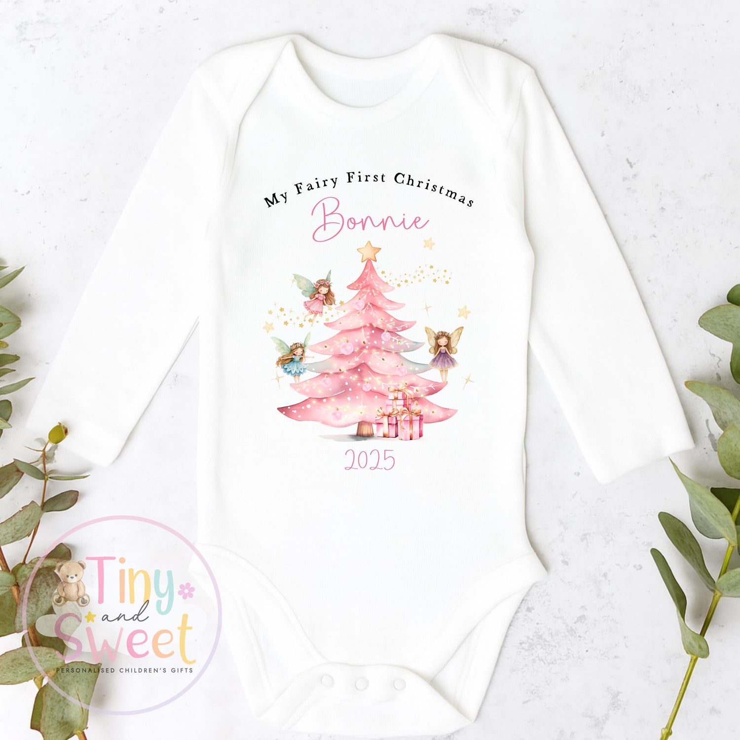Fairy First Christmas Baby Grow , My First Christmas, Custom Name Sleepsuit, Baby’s First Christmas, Personalised Christmas Baby Outfit