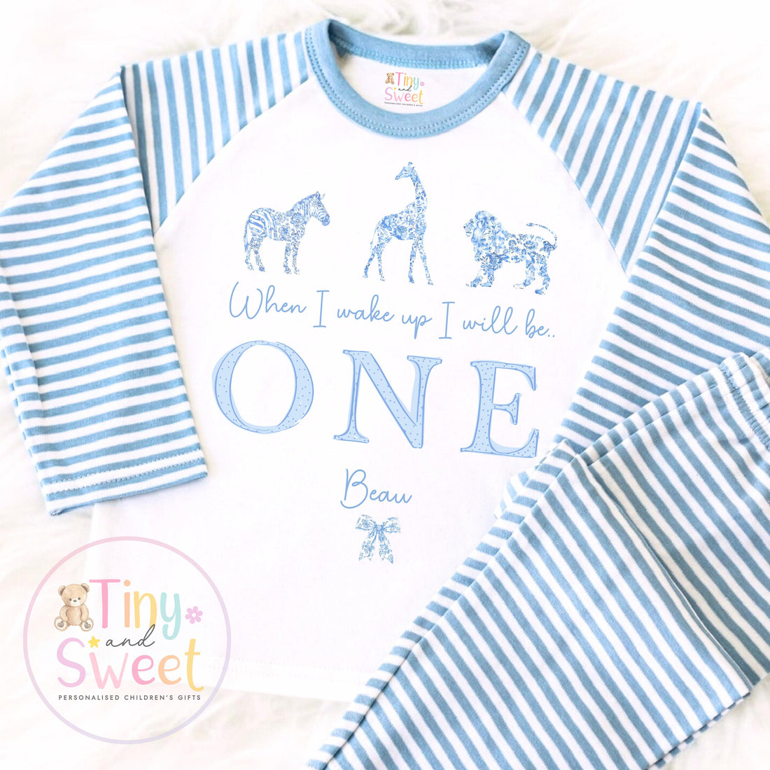 Personalised Safari Toile Pyjamas, Blue Toile Animals Pyjamas, When i wake up i&