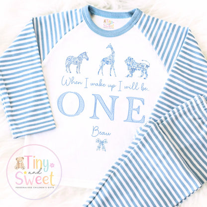 Personalised Safari Toile Pyjamas, Blue Toile Animals Pyjamas, When i wake up i&