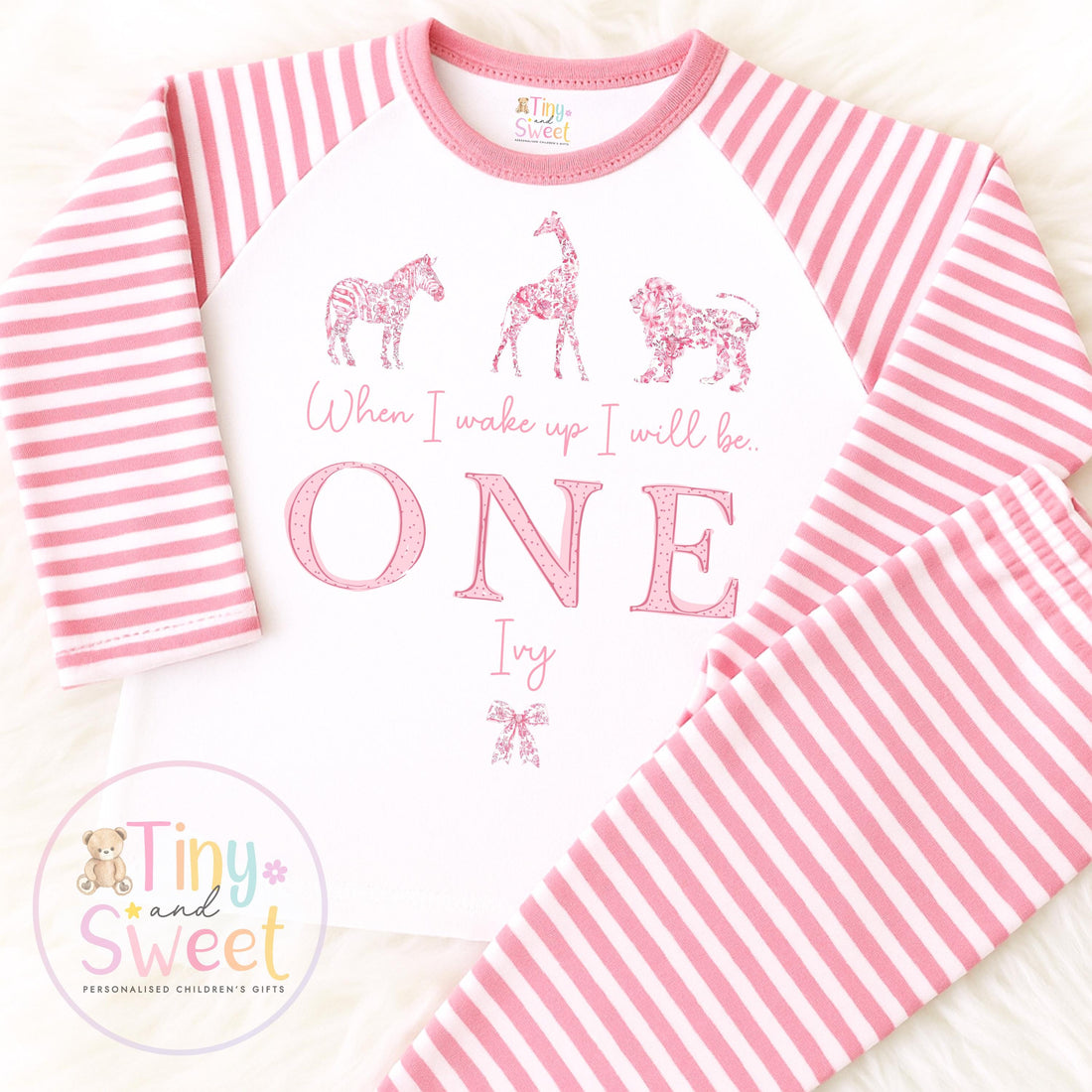 Personalised Safari Toile Pyjamas, Pink Toile Animals Pyjamas, When i wake up i&