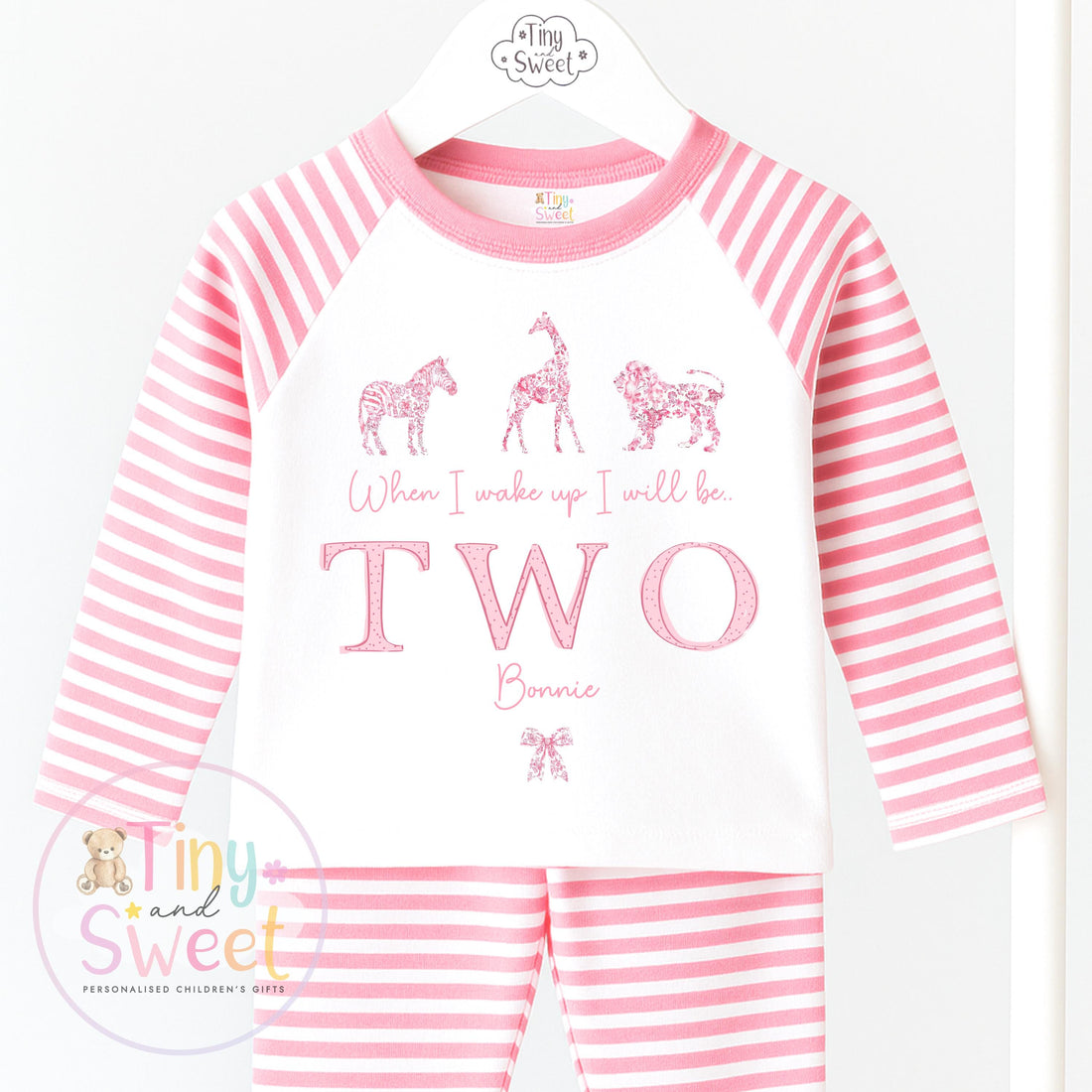 Personalised Safari Toile Pyjamas, Pink Toile Animals Pyjamas, When i wake up i&