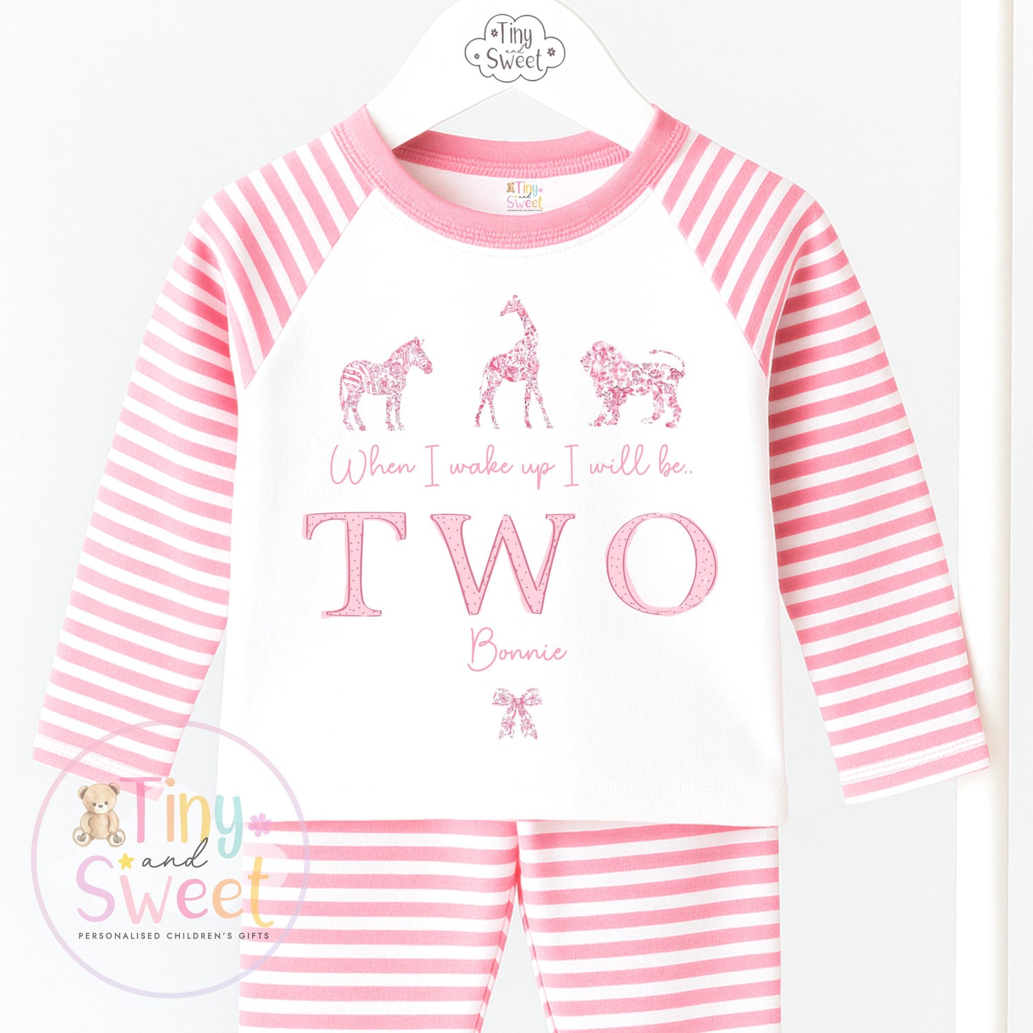 Personalised Safari Toile Pyjamas, Pink Toile Animals Pyjamas, When i wake up i&