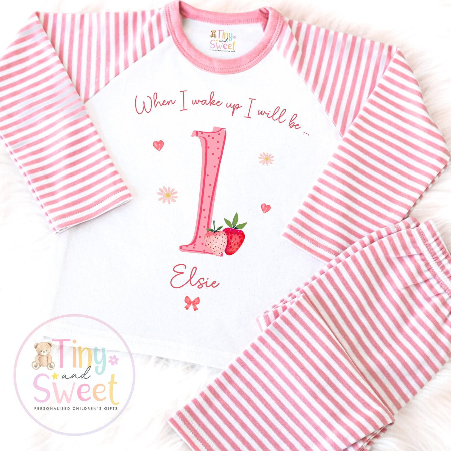 Strawberry Birthday Pyjamas, When I Wake Up I’ll Be, Strawberry PJs – When I Wake Up I’ll Be 1, 2, 3, Personalised Berry Birthday Pyjamas