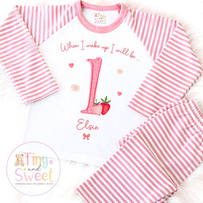 Strawberry Birthday Pyjamas, When I Wake Up I’ll Be, Strawberry PJs – When I Wake Up I’ll Be 1, 2, 3, Personalised Berry Birthday Pyjamas