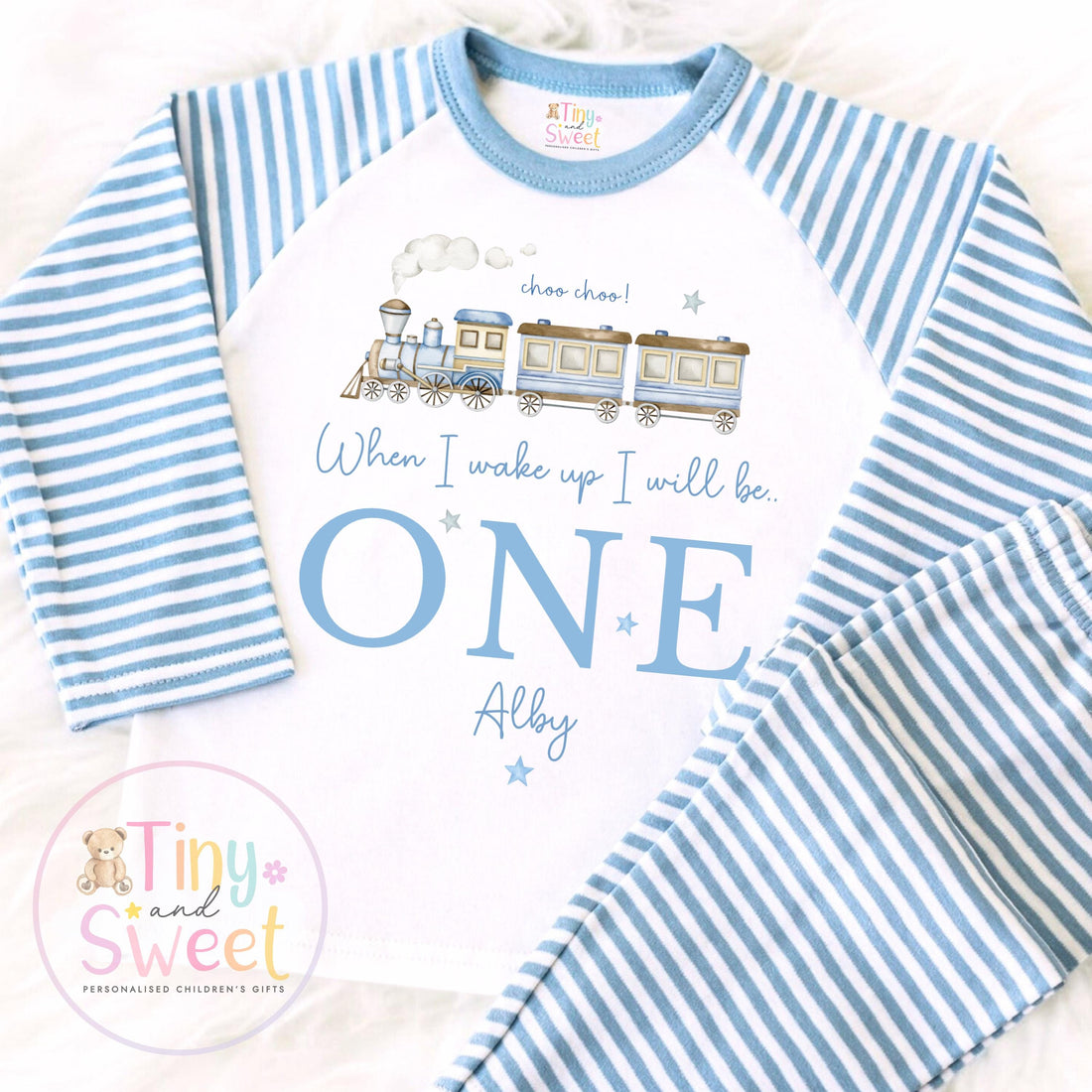 Personalised Train Pyjamas, Blue Birthday Train Pyjamas, When i wake up i&