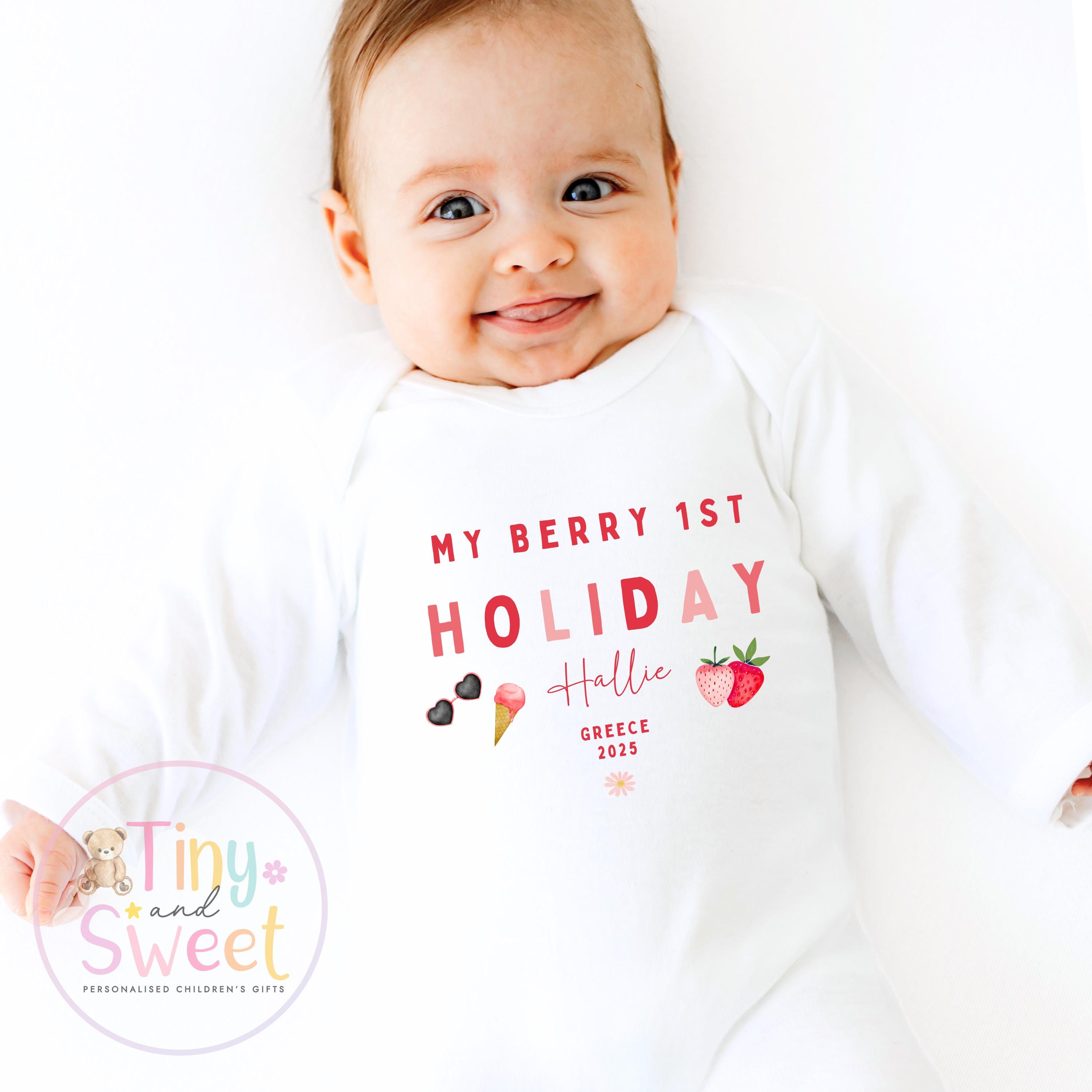 My Berry First Holiday T-Shirt, Personalised Baby Travel Outfit, Baby’s First Holiday Shirt, Cute Summer Travel Outfit, My First Holiday