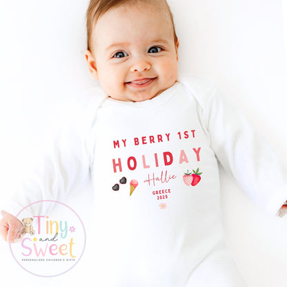 My Berry First Holiday T-Shirt, Personalised Baby Travel Outfit, Baby’s First Holiday Shirt, Cute Summer Travel Outfit, My First Holiday