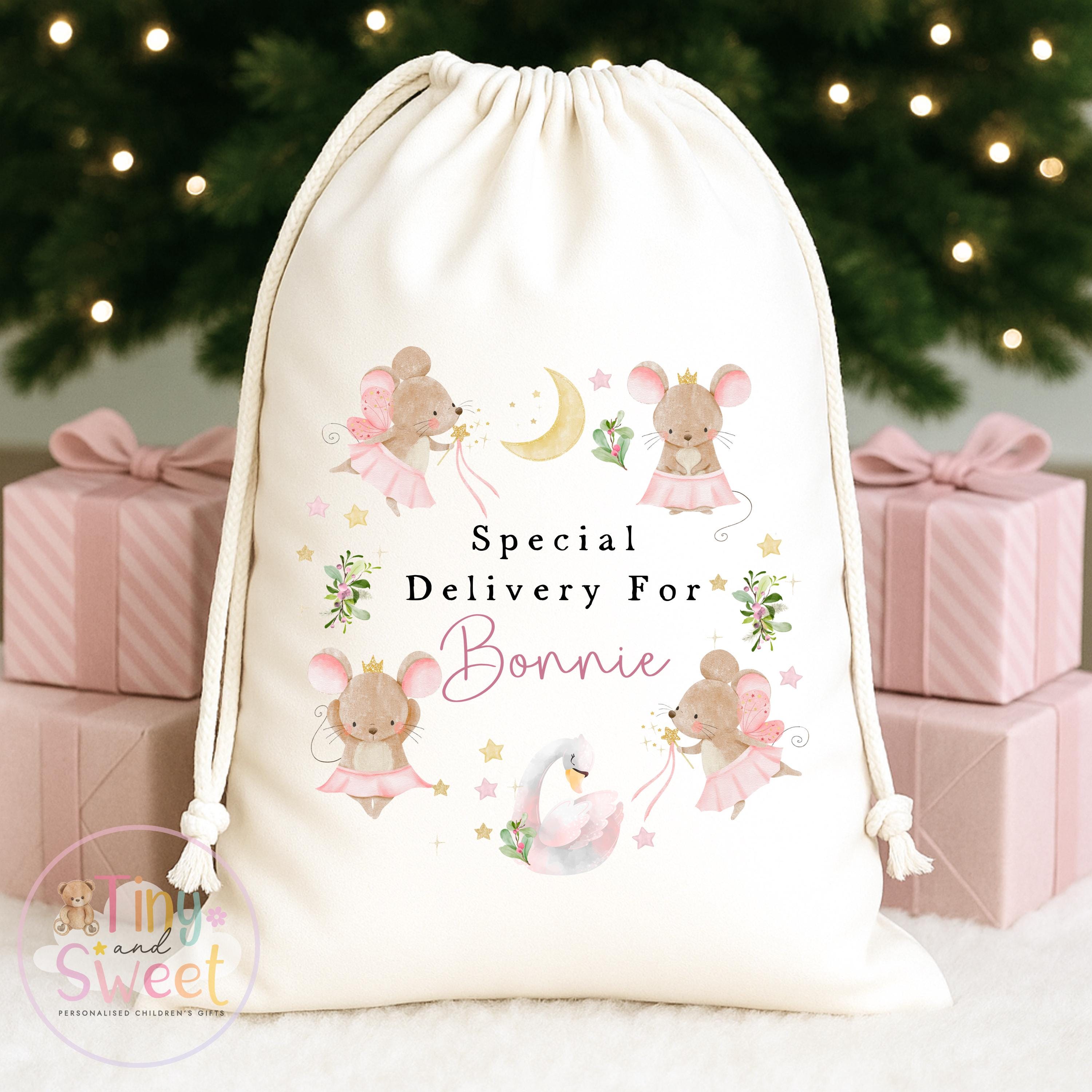 Cute Fairy Mouse Wreath Personalised Christmas Sack
