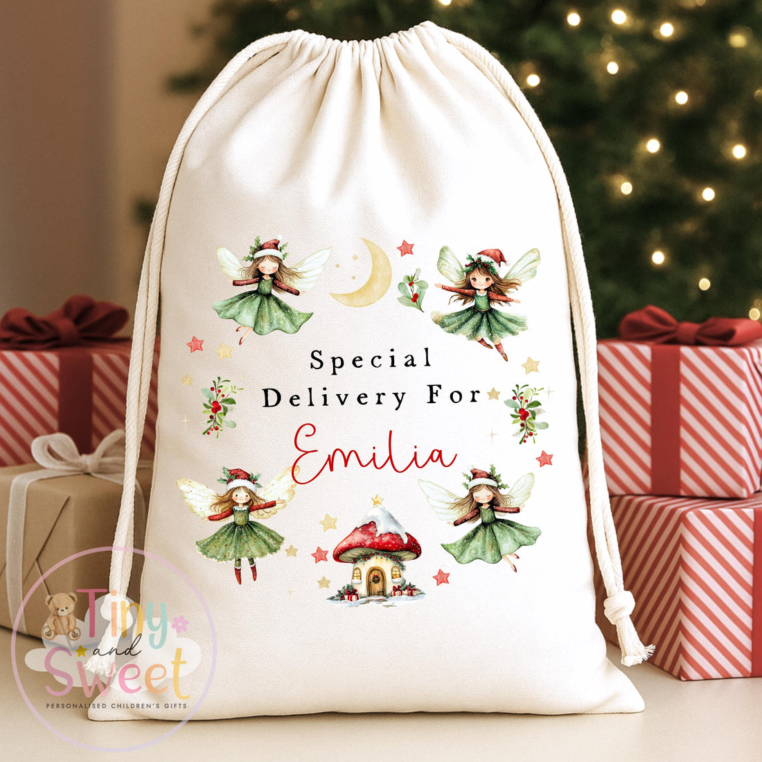 Green Fairy Wreath Personalised Christmas Sack