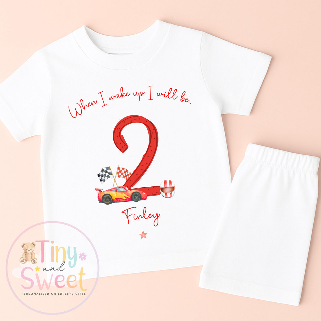 Personalised Red Lightning Racing Car Pyjamas, Blue Birthday Racing Pyjamas, When i wake up i&