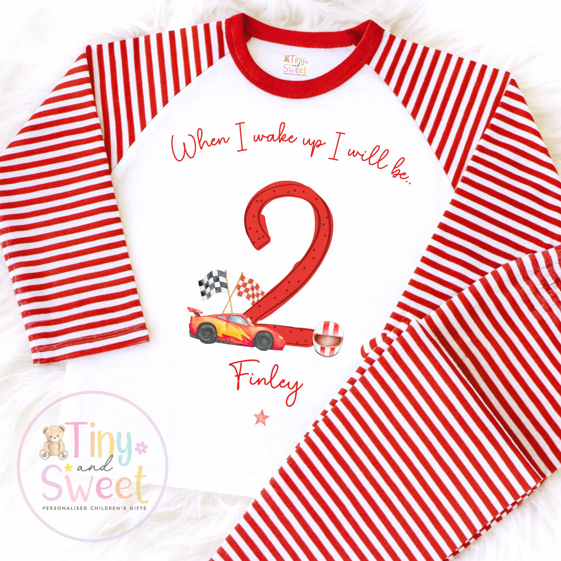 Personalised Red Lightning Racing Car Pyjamas, Blue Birthday Racing Pyjamas, When i wake up i&