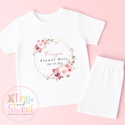 Flower Girl Personalised Pyjamas, Flower Girl Gift, White and pink Flower girl pjs, Personalised flower girl pjs, Kids Wedding Pyjamas